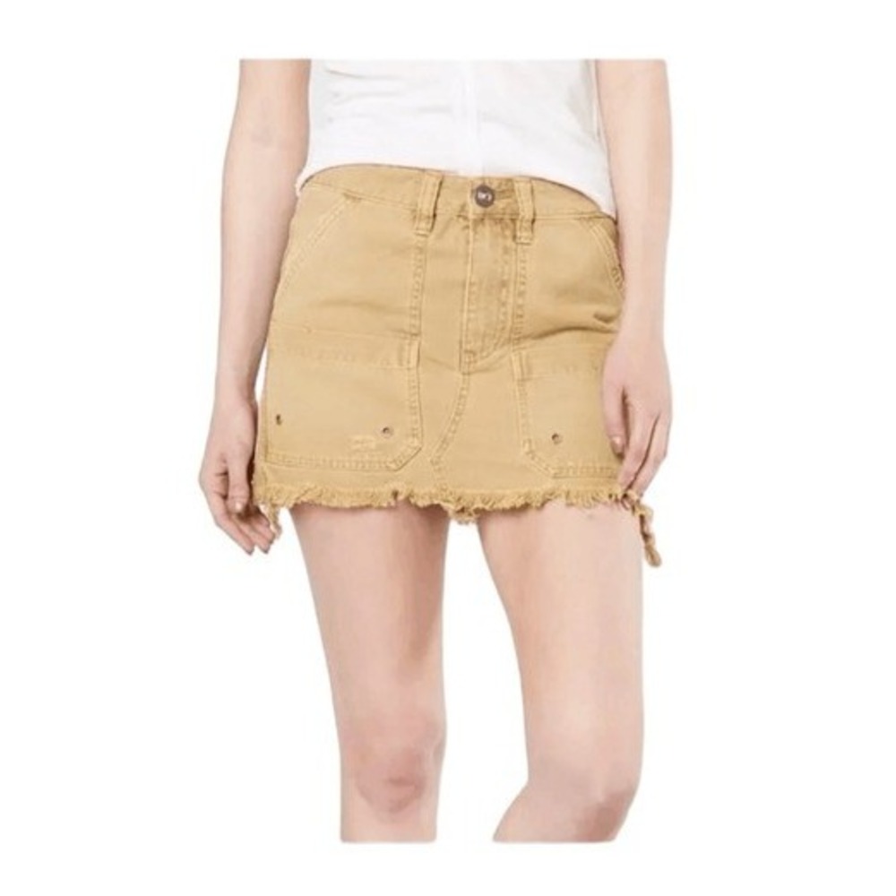 Free People Denim Utility Cargo Mini Skirt Tan Camel Canvas Relaxed Raw Hem 25